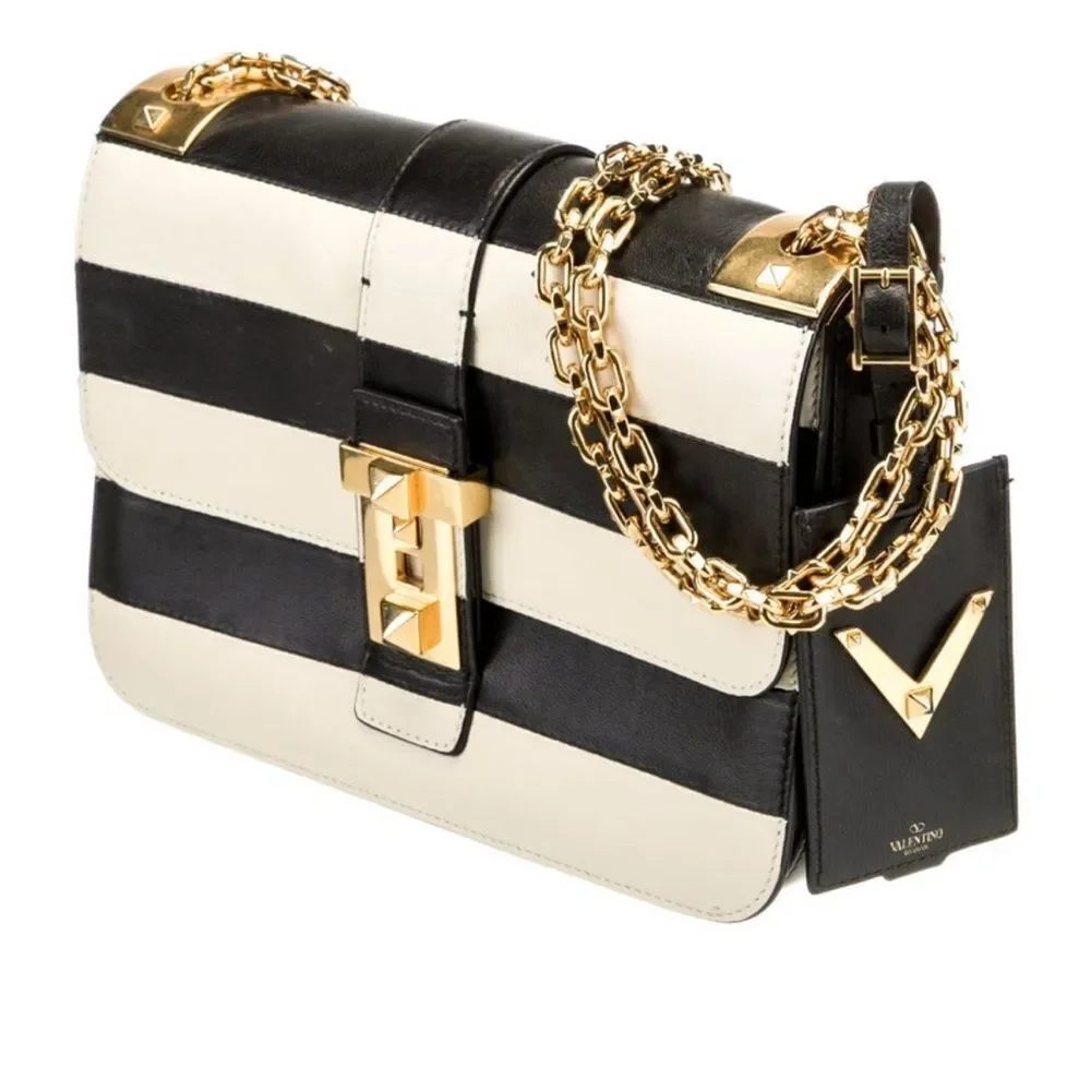 Valentino Garavani Napa Striped B-Rockstud Shoulder Bag with Gold Chain Strap
